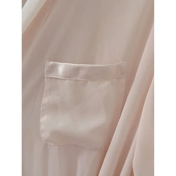 1980's Victoria Secret Sheer Beige Long Robe With Tie Waist & Pocket Detail
